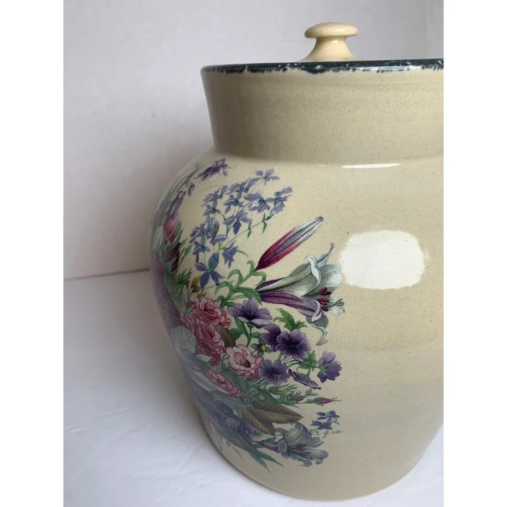 Home & Garden Party Floral Stoneware Cookie  Jar Canister Vintage 2001 USA XL